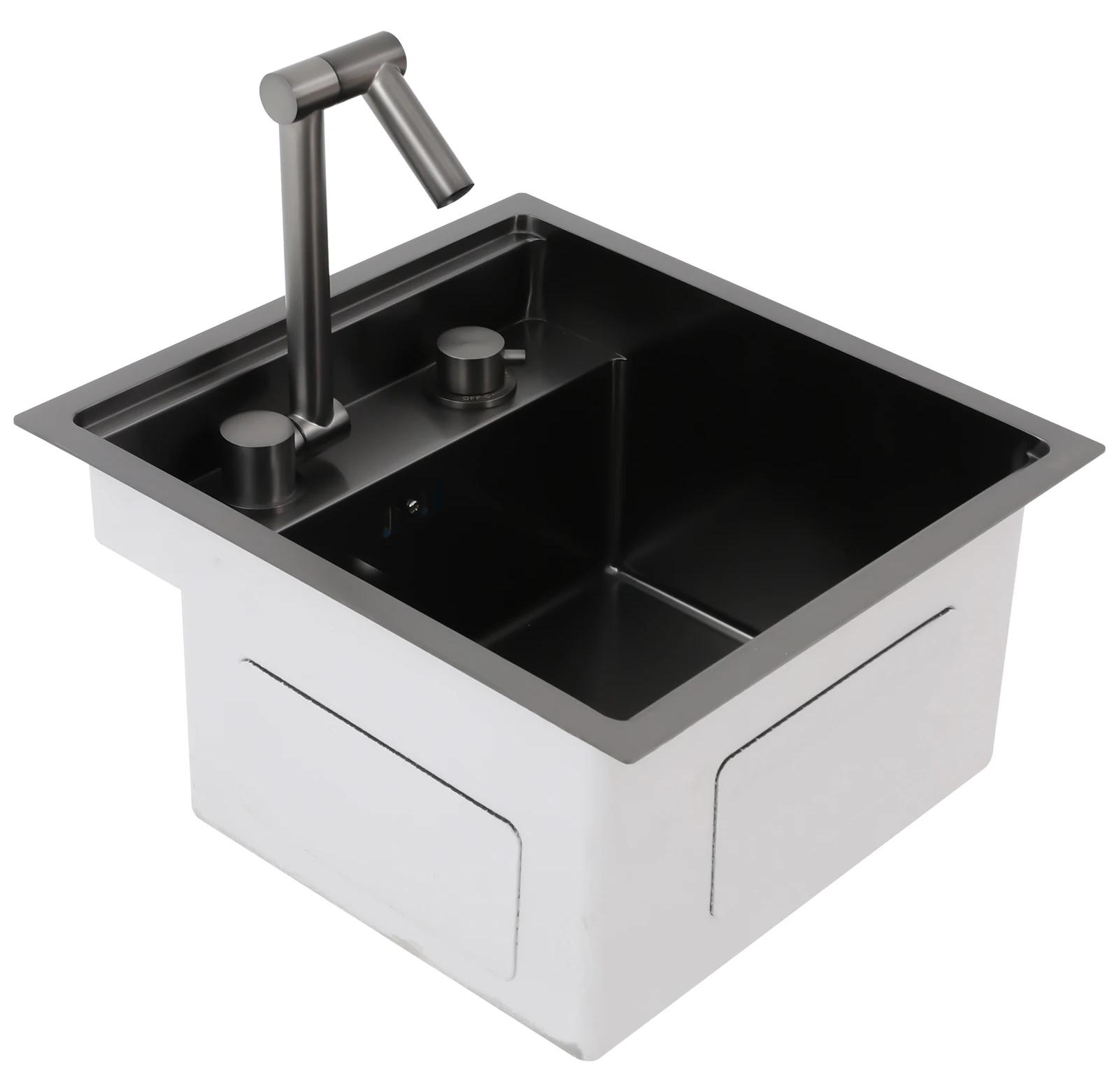 Küchenspüle Edelstahl 304 - Einzelbecken quadratisch - Aufsatz/Einlege-Spüle - 43x39x23 cm - 360° klappbarer drehbarer Wasserhahn - Schwarz