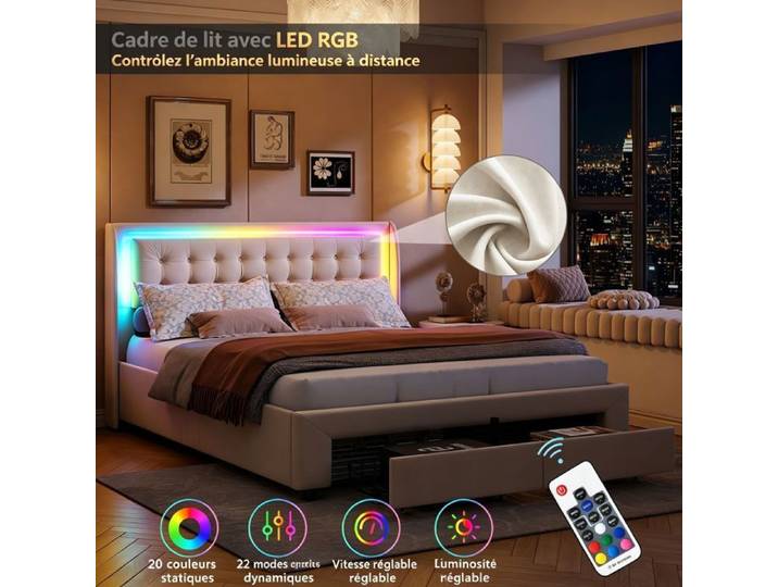 URTR Lit capitonné 140x190 cm tête de lit LED tiroir à roulettes télécommande rangement confortable beige
