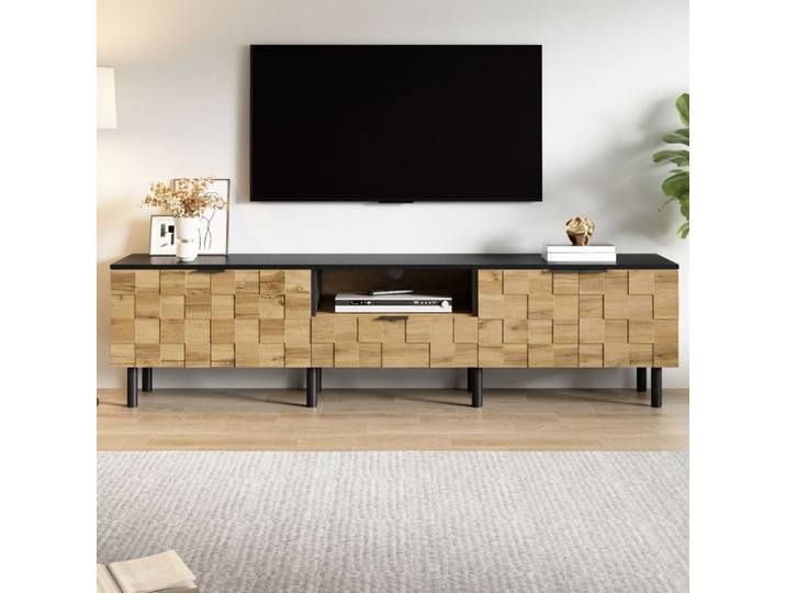 Meuble TV 170x35x44.5 cm - Meuble de Salon avec Design Mosaïque 3D 1 Tiroir et 1 Espaces Ouverts Rangement Média Finition Bois