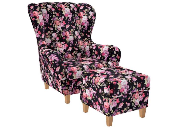 Supellex Ohrensessel Sofia Relaxsessel mit Hocker – Samt-Velours Rosen