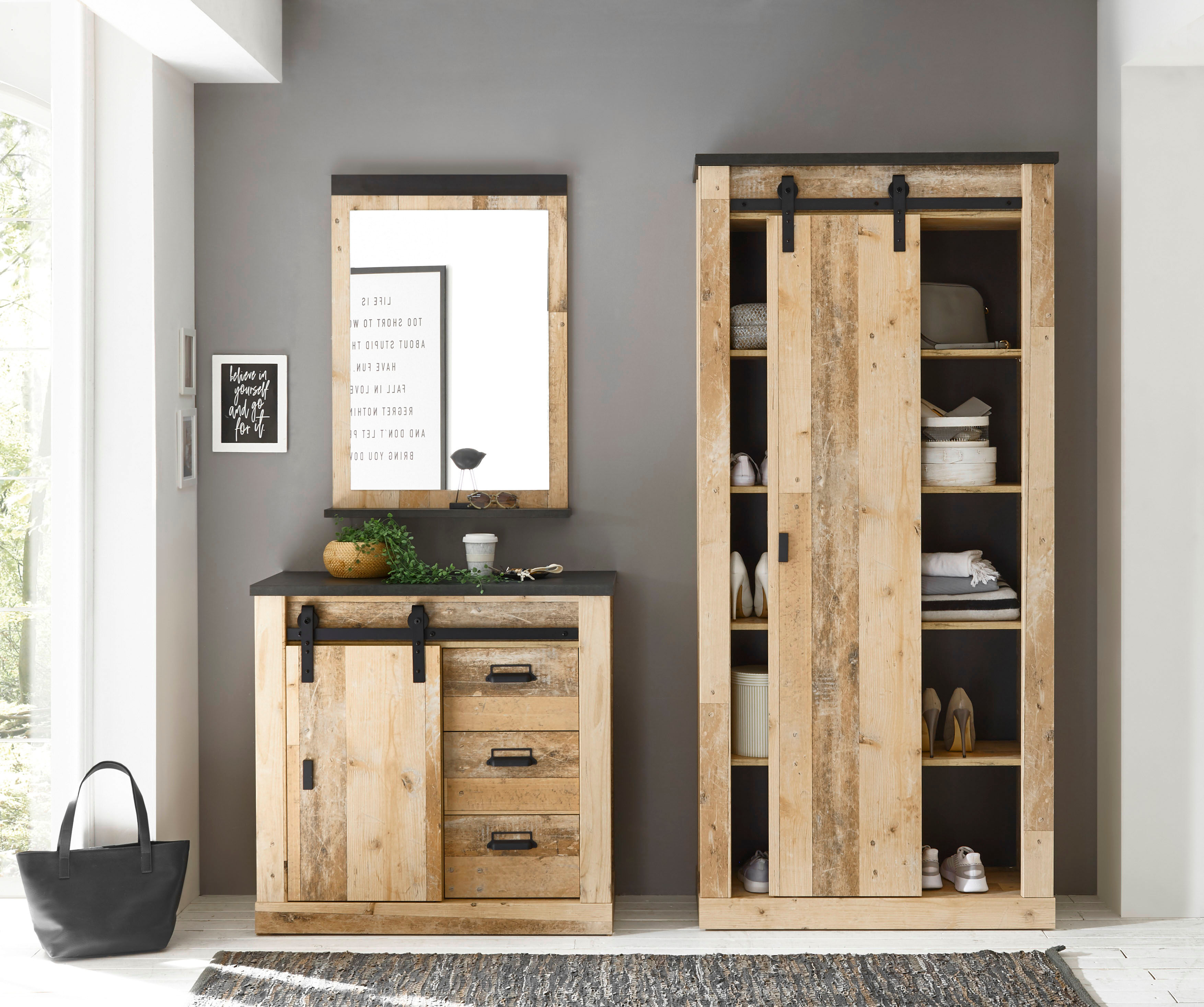 Garderoben-Set HOME AFFAIRE "Sherwood, Garderobe im Industrial-Style, Komplettset mit viel Stauraum", braun (old style hell dekor), B:206cm H:201cm T:43cm, Kastenmöbel-Sets, Garderoben-Set, enthält Schrank, Kommode, Spiegel, Scheunentorbeschlag &Apotheker