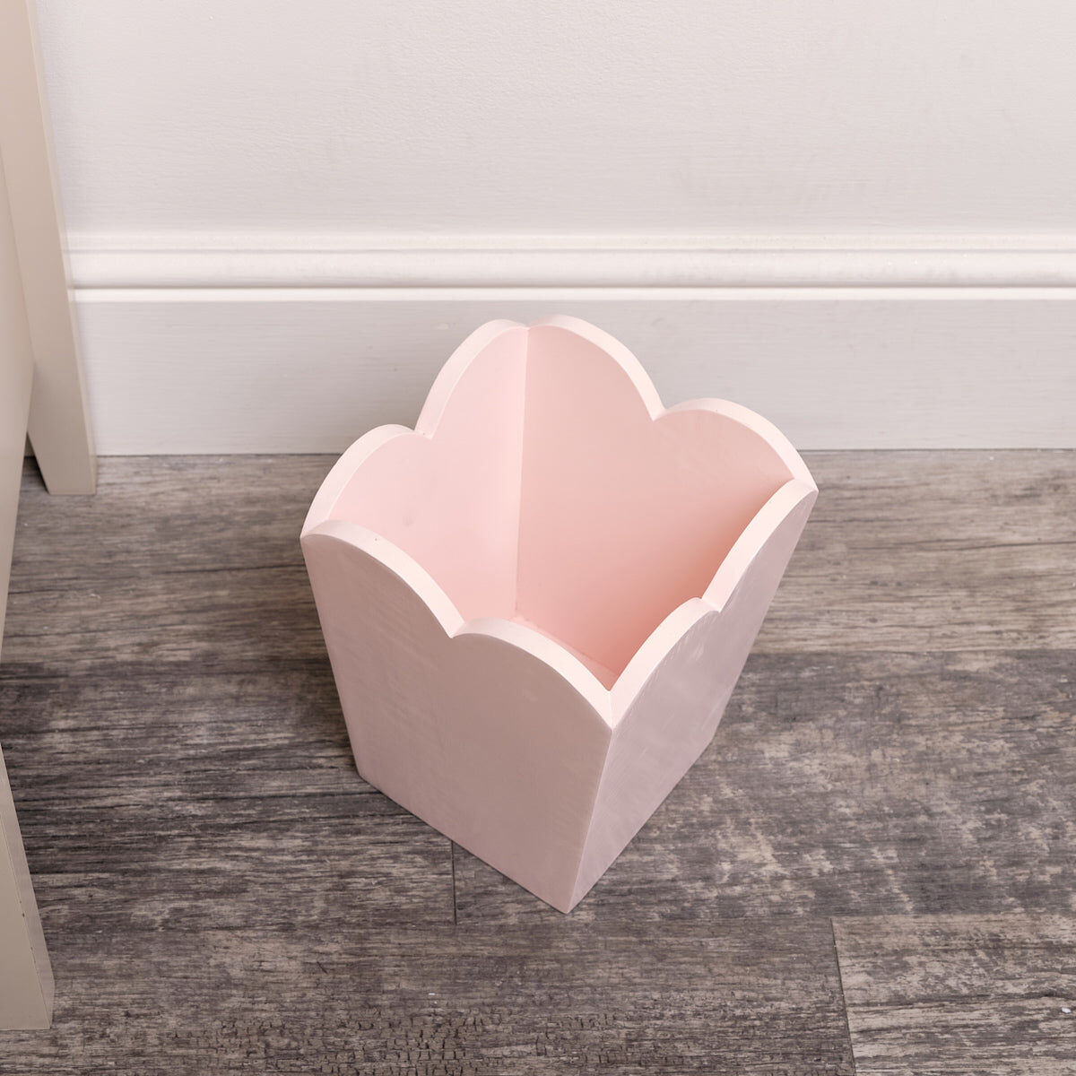 Pink Wooden Scalloped Edge Waste Paper Bin Wood
