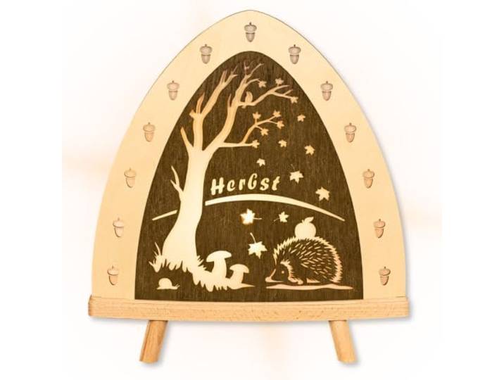 weigla - Dekoleuchte original Erzgebirge I Motiv Herbst I 1 LED Lampe I 0,8 W, E14 I Herbstdeko innen I Herbstbeleuchtung aus Holz I Fensterdeko
