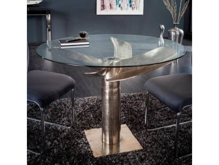 LEBENSwohnART Design Esstisch ELICA 105cm Silber-antik Aluminium Schiffsschraube Maritim Glasplatte