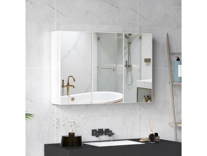 Armoire de salle de bain avec miroir - 3 portes miroir - Montage mural - 90x15 5x60 cm - Blanc - 5 étagères