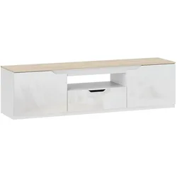 HOCHGLANZ TV-Lowboard für Fernseher bis 65 Zoll, 3 Fächer, Schublade, Naturholz
