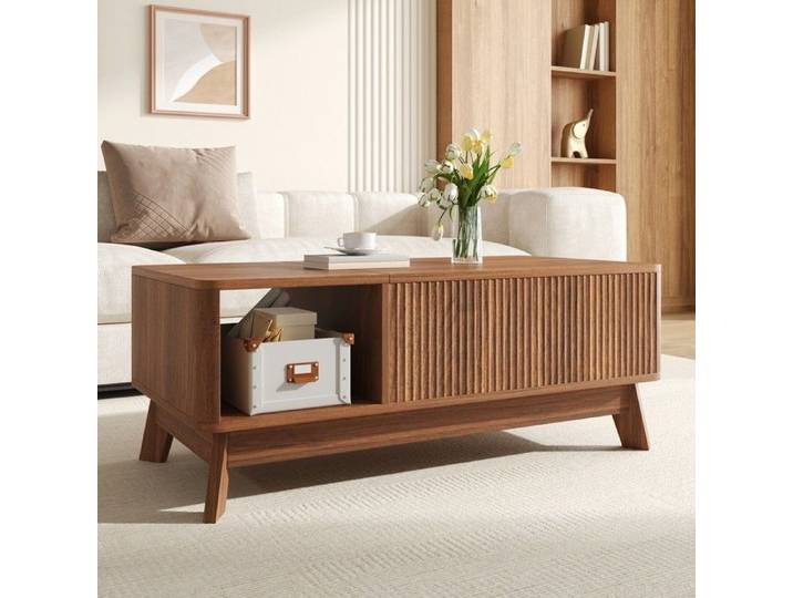 Table basse - MINIMAL - MINIMAL HOME - Noyer - Plateau relevable - Rangement caché