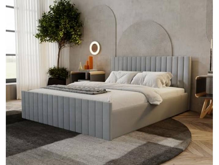 Emporius Polsterbett 160x200 Billo Slim Velvet - Lattenrost, Bettkasten, Modern Design - Schlafzimmerbett 160x200 (Hellgrau - Amor Velvet 4318)