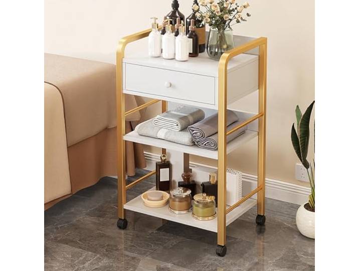 JingNian Friseurwagen Rollwagen mit Rollen Und Schubladen, Salon Trolley Mit Ablagen, Kosmetikwagen Arbeitswagen Weiß-Gold, Moderner Beistellwagen für Bad, Wohnzimmer, Büro, Beauty Salon(Gold a)