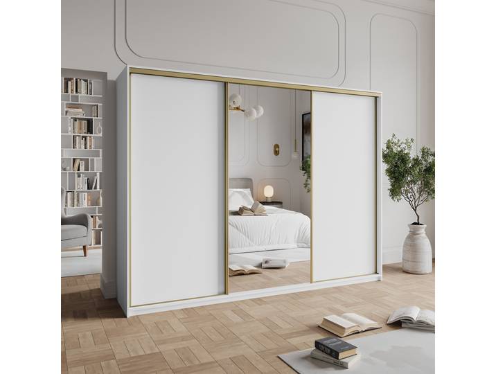 Masseno Schiebetürenschrank TAVI 250/205/60cm 3-türig mit Spiegel Weiß