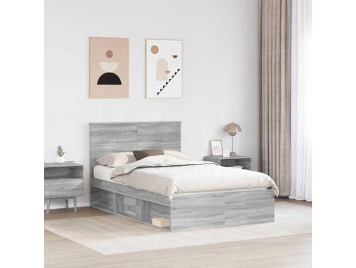 KTHLBRH Bettgestell Grau Sonoma 120 x 190 cm Massives Kiefernholz, technisches Holz, fester Lattenrost, modernes Design