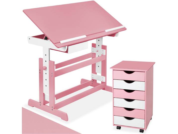 Schreibtisch höhenverstellbar und Rollcontainer - rosa