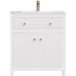 OKWISH Freistehender Badezimmerunterschrank MDF Weiß 81 x 46,5 x 86,5 cm mit Keramikbecken, geriffelter Front, Soft-Close und Türablage