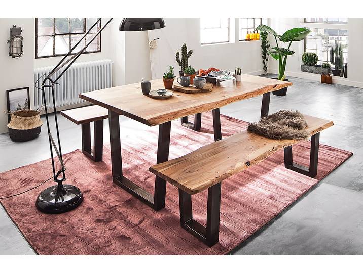 Massive Baumkanten-Sitzbank 180cm Braun/Akazie Braun Trapezförmig Schwarz