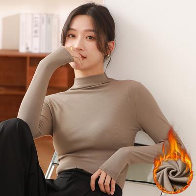 Trendy Discount Goods Womens Half Turtleneck Pullover, Slim Black Modal Bottoming Shirt, Thickened Long Sleeve Top For Autumn Winter khaki l