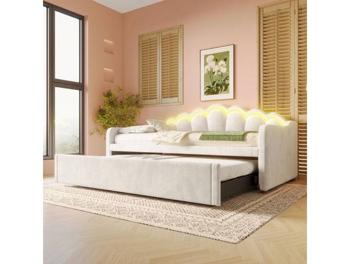 Lit de jour - TRUXEN8 - Velours Beige - Lit gigogne - Bande LED - 90x200cm