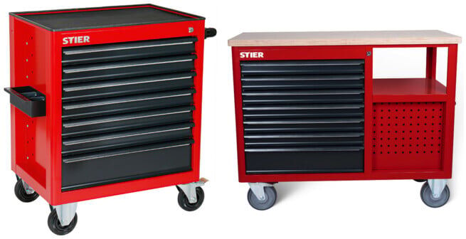 Set STIER Werkstattwagen + Werkbank 11 Schubladen leer