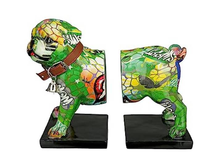 Casablanca Deko 1 Paire de Serre-Livres - Figurine d'animal Mops Figurine de Chien avec Collier Cloche - Street Art Graffiti Inscription Wow - Longueur Totale 22\,5 cm