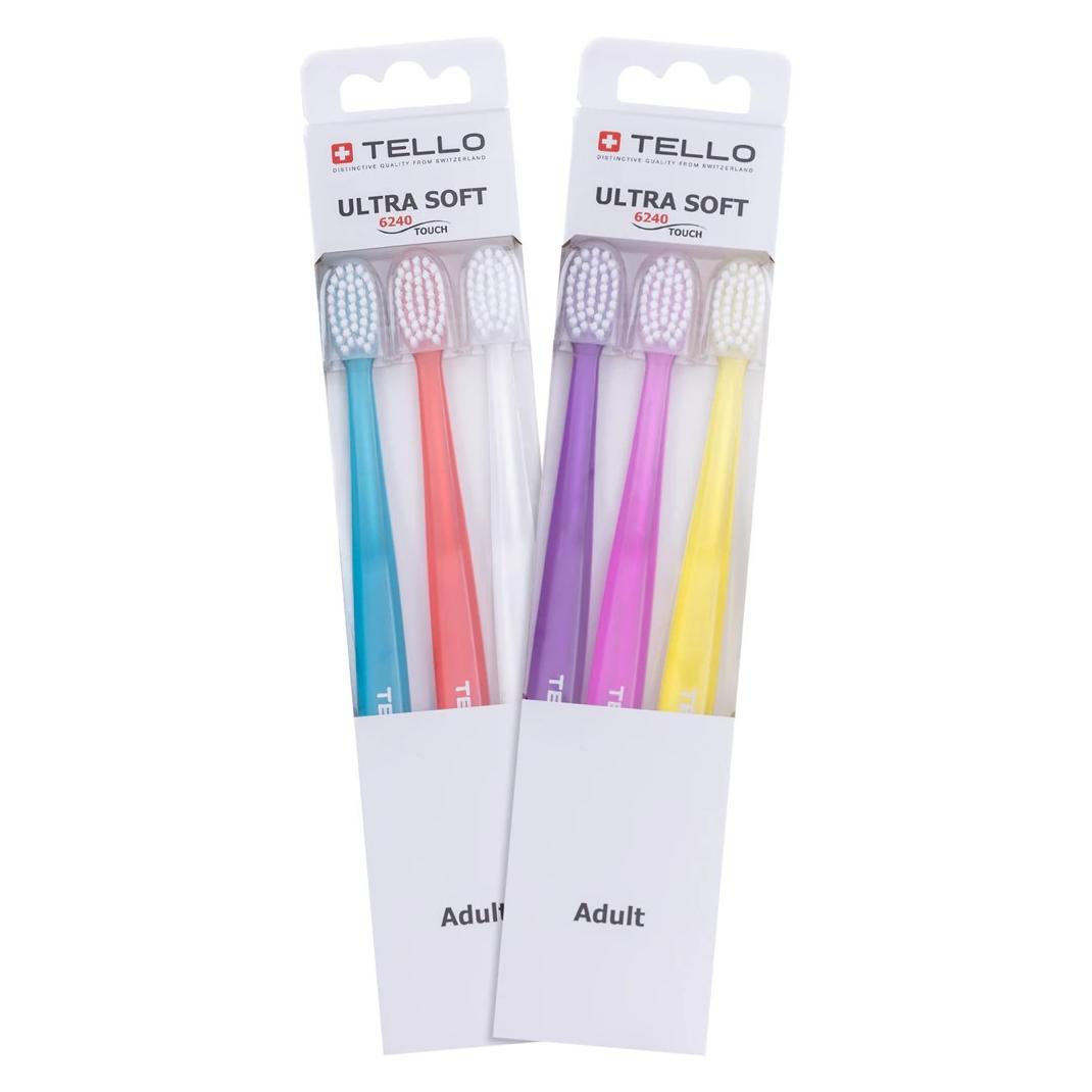 Tello 6240 Schweizer Ultra Soft Zahnbürste für Erwachsene für sanfte Reinigung mit ergonomischem Griff (Extra weich, 3x) (A00000000039)