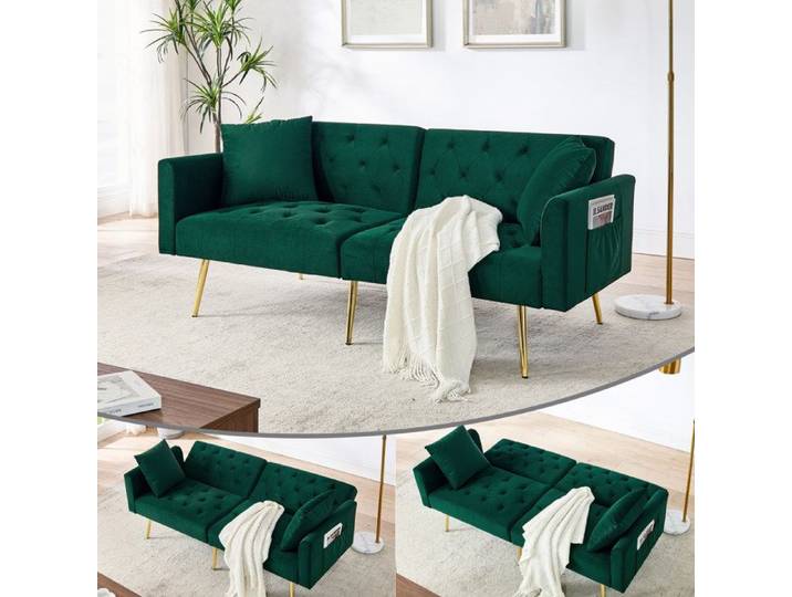 Canape 2 Places Velours Vert Sofa Convertible FloraGrace Pour Salon Et Studio Convertible 180° 177x78x74cm