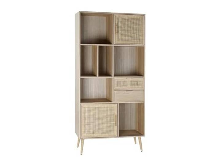 DRW Regal mit Türen und Regalen aus Holz und natürlichem Rattan, 90 x 37 x 189 cm