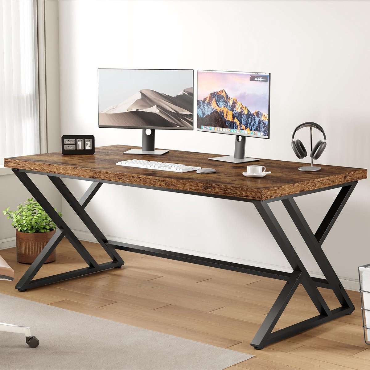 Hoogteverstelbaar Houten Computerbureau Industrieel met Opbergruimte - Breedte: 152 cm