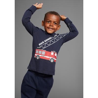 Langarmshirt KIDSWORLD "HIER KOMMT RETTUNG", Jungen, Gr. 140/146, blau (marine), Single Jersey, Obermaterial: 100% Baumwolle, bedruckt, Basic, Rundhals, Shirts Langarmshirt, Langarm, Basic-Passform, peppiger Druck
