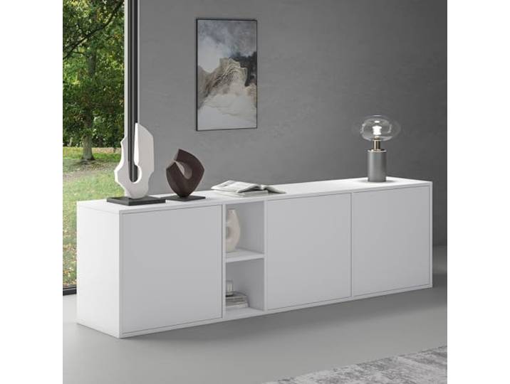 doporro TV Lowboard 180cm Sideboard 3 Türen hängend oder stehend TV Möbel mit verstellbaren Böden & griffloser Front, matt Weiß, Sideboard für Wohnzimmer, BxTxH:180x36x52,6cm, Schrank02