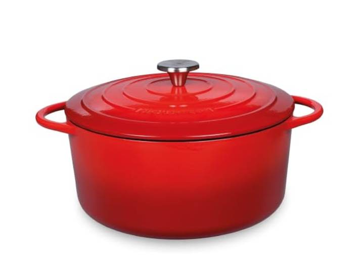 KÜCHENPROFI Gusseisen Bräter mit Deckel, rot/innen schwarz, 28 cm, Schmortopf, Auflaufform, Dutch Oven, Brotbacktopf, emailliert, für alle Herdarten(inkl. Induktion), zum Schmoren, Backen, Braten