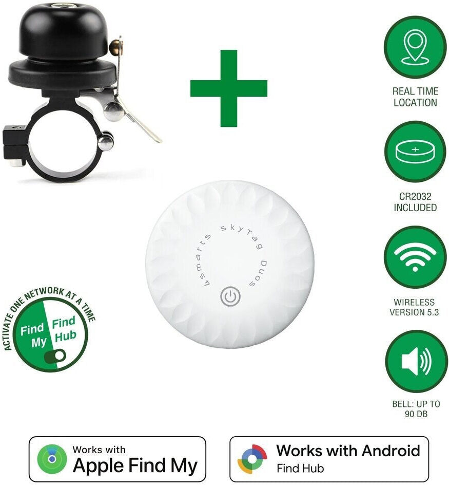 4smarts SkyTag GPS Tracker med Ringklokke til Cykel - Apple Find My & Android Find Hub - Hvid / Sort