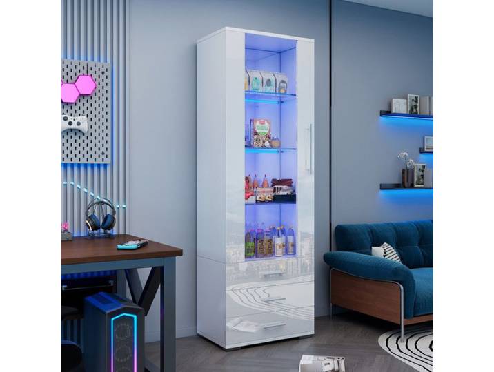 Vitrine Brillante 60x35x180 cm avec 3 Tiroirs Vitrine Armoire en Verre Vitrine Salle a Manger sur Pied avec Éclairage Led Blanc