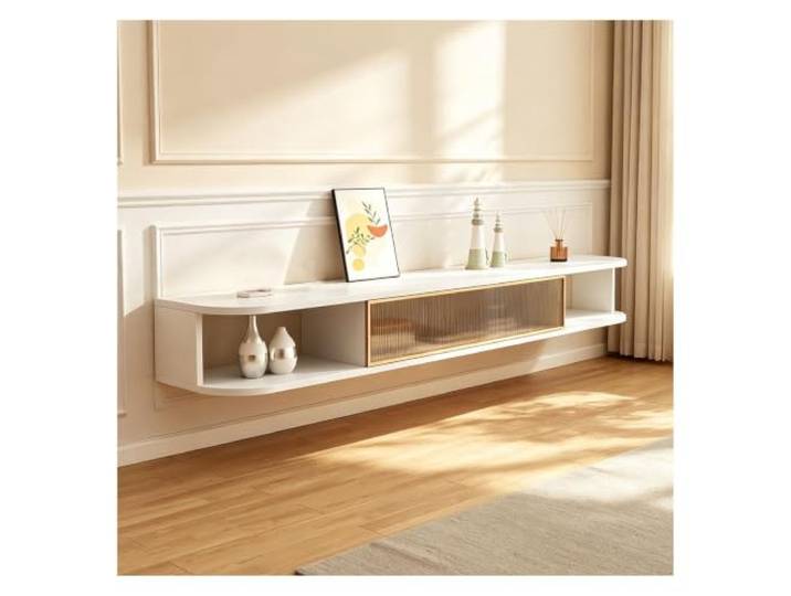 bacedifo Schwebender, Wandmontierter TV-Ständer, Medienschrank Aus Holz Abgerundeten Ecken Verfügt Über Geriffelte Klapptüren Aus Gehärtetem Glass Offene Ablagefächer(Natural,L180CM/70.9 )