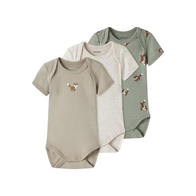 Kurzarmbody NAME IT "NBMBODY 3P SS FOX NOOS", Jungen, Gr. 80, N-Gr, beige (shadow), Feinripp, Obermaterial: 100% Baumwolle, bedruckt, unifarben, amerikanischer Ausschnitt, Bodys