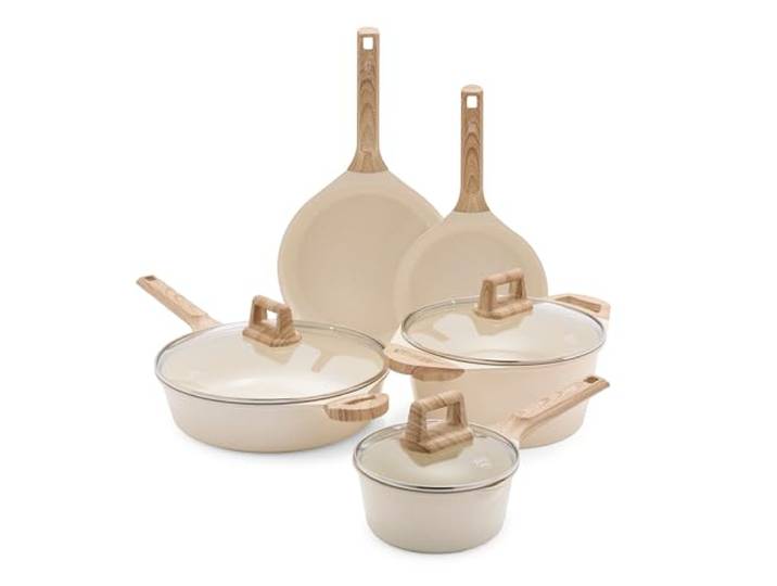 GreenLife Arte 8-teiliges Keramik-Antihaft-Kochgeschirrset, Induktionsgeeignet, PFAS-freie Töpfe und Pfannen, Spülmaschinenfest, Kochset, Suppentopf,Kochtöpfe und Bratpfannen,Küchenzubehör,Granitcreme