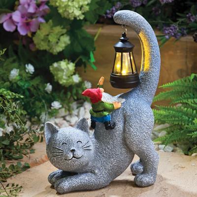 Dekofigur Solar Katze mit Zwerg