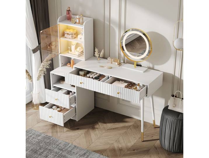 Coiffeuse - ZEVKOR - Miroir LED 3 couleurs - 4 tiroirs - Luminosité réglable - Blanc 100×40×125 cm