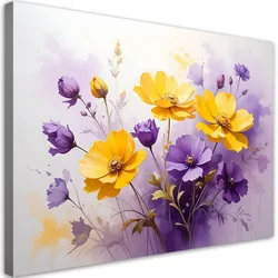 LEINWANDBILDER, Lila und gelbe Blumen in Pastell-Aquarellfarben