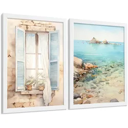 POSTER 3er Bilder-Set Wandbilder Meer Relax modern ohne Rahmen – Wohnzimmer Deko, Schlafzimmer, Küche, Badezimmer Weißer Rahmen A4