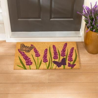Evergreen "Lavender Field Coir Door Mat with Embossed Butterfly, 30"" x 18"" - 30"" x 18"""