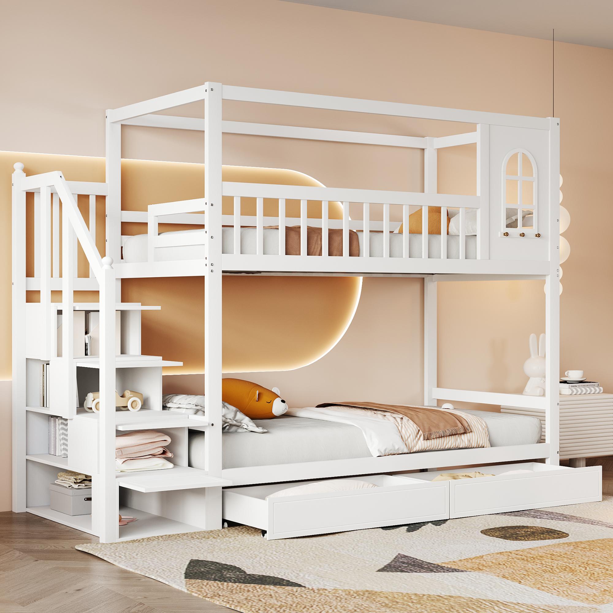 okwish Etagenbett Kinderbett 90x200cm, Massivholzlbett mit Fenstern, Sicherheitszaun-Design, Mit Aufbewahrungsschubladen und Sicherheitsleiter, Jungen-Mädchen-Bett, Teenager-Bett, Weiß