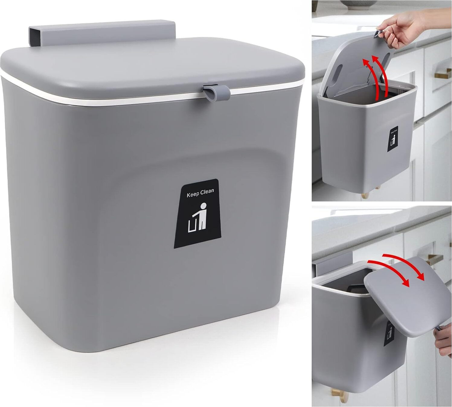 Mcstar Afvalbak voor de keuken met deksel, wandmontage, grijs, 7 liter