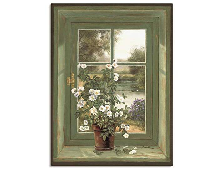 ARTLAND Wanddeko Leinwand Bilder Wandbild 45x60 cm Fensterblick Fenster Natur Landschaft Stillleben Blumen Botanik Kunst T5YV