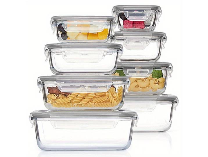 8 récipients en verre pour le stockage des aliments avec couvercles, utilisables pour le stockage des aliments au réfrigérateur et peuvent également être chauffés au micro-ondes, gris.