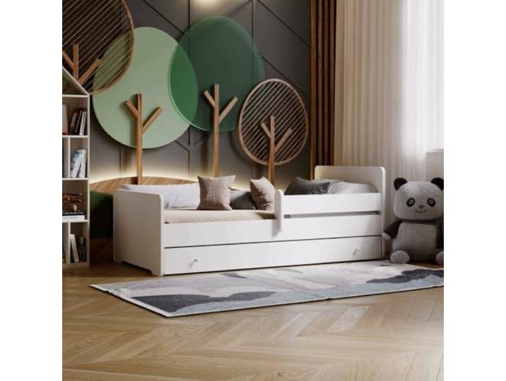Dmora - Kinderbett Slupsk, Kinderbett für Schlafzimmer, Einzelbett mit Kommoden, Struktur mit ausziehbarem Bett, 77x144 h56 cm, Weiß