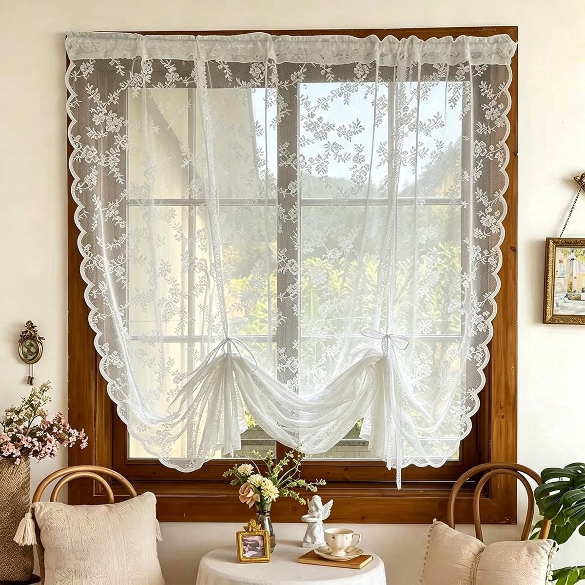 Merkloos kort gordijn met bloemenprint, semi-transparant, 150 x 100 cm