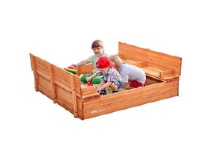 VEVOR Sandkasten aus Holz, 132 x 120 x 43 cm, Sandkasten mit klappbaren Sitzbänken und Bodeneinlage, Sandkasten aus Naturholz für Kinder für den Garten, Strand, Park, Geschenk für Jungen und Mädchen im Alter von 3–12 Jahren