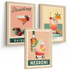 POSTER 3er Set Cocktail-Wandbilder Daiquiri Tequila Sunrise und Negroni Vintage Küche Bar Deko Leichter Holzrahmen A3