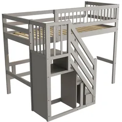 OKWISH Massivholzbett 90x200 Aufbewahrungstreppe Stauraum platzsparend Kiefernholz robust Lattenrost integriert elegantes Design grau Multifunktional