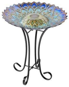 Hi-Line Gift Solar Blue Geometric Glass Bird Bath With Stand
