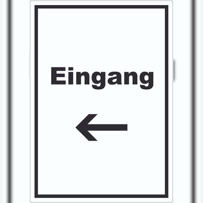 HB-Druck Eingang Aufkleber mit Text und Richtungspfeil links Zugang Eintritt hochkant A7 (74x105mm)